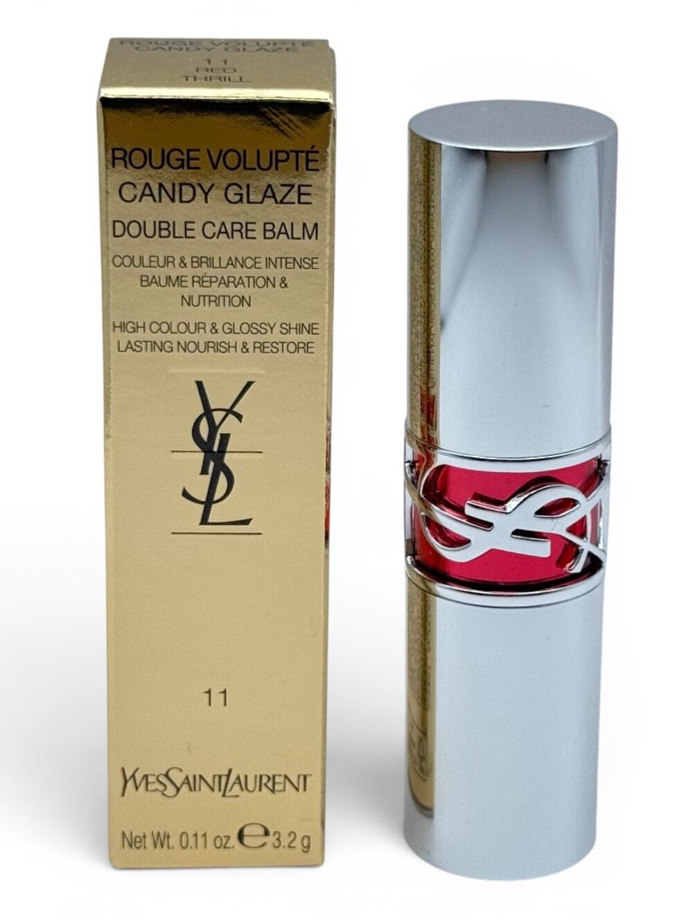 YSL Candy Glaze Lip Gloss Stick Double Care Balm 0.11 oz Shade #11 RED THRILL